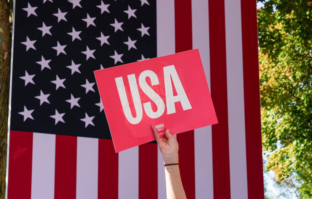 El brazo de una persona sostiene un cartel rojo que dice "USA", con una gran bandera estadounidense y árboles verdes como telón de fondo.