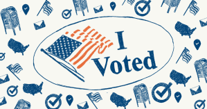 This is an illustration of an "I Voted" sticker, in an oval with an American flag. Around the oval sticker are illustrations of ballots, ballot boxes, envelopes, and American flags.